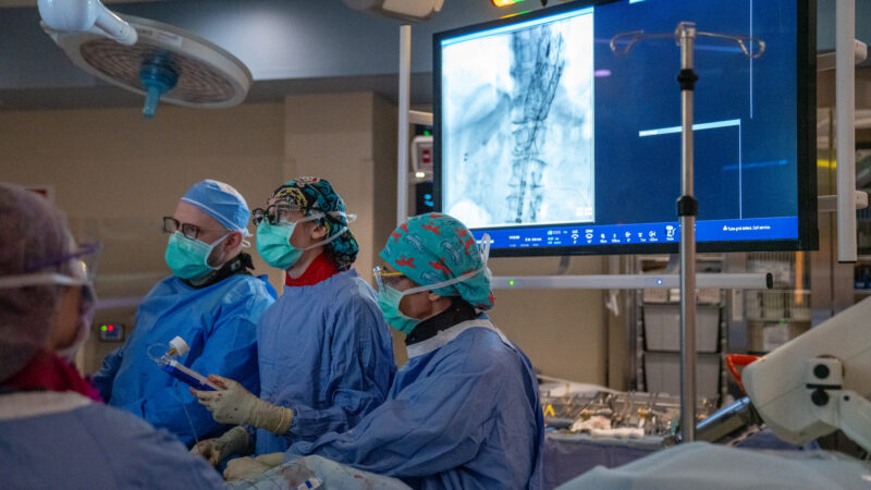 A surgical team performs a TAMBE procedure in the operating room, guided by live imaging displayed on a large monitor.