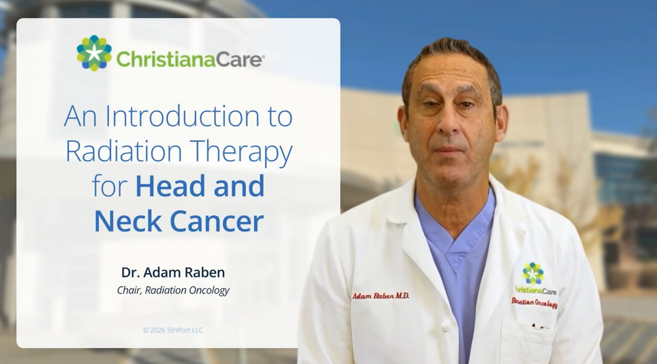 AI avatar versino of Adam Raben, M.D. - with text 'An Introduction to Radiation Therapy for Head and Neck Cancer'