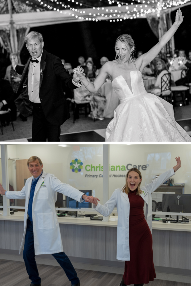 Stephen and Nicole Kushner photos of their earlier wedding dance and a re-enactmentment by them now