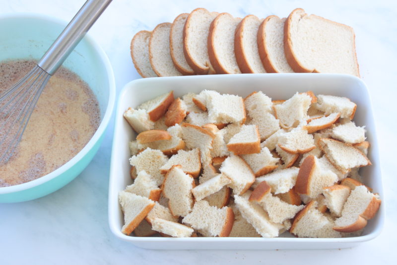 French Toast Casserole with Blueberry Syrup - bread pieces
