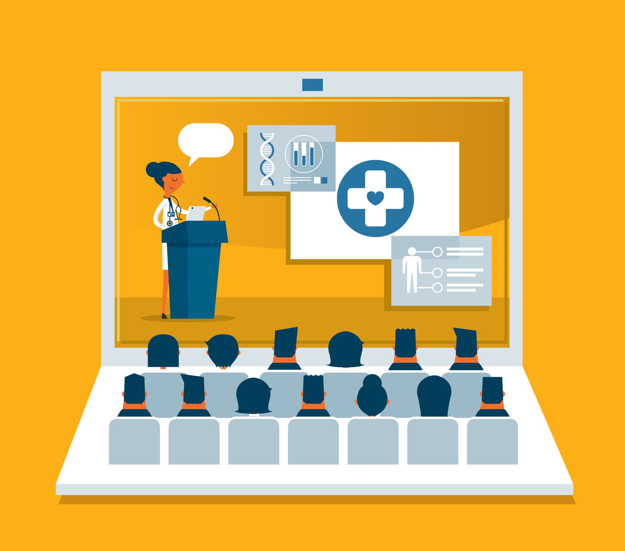 A cartoon of a doctor giving virtual seminar to an audience sitting on a keyboard.